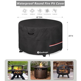 Exokugo Fire Pit Cover Round,600D Heavy Duty 100% Waterproof Outdoor Fire Pit Cover,40 Inch Firepit Covers for Patio Fire Table,Black,40''Dia x 20''H