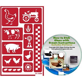 Farm Life Reusable, Adhesive Stencils: Rooster, Tractor, Cow, Pig, Corn, Flower. Goose, & Windmill Glass Etching Stencils + How to Etch CD