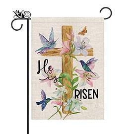 Easter Garden Flag Religious Cross Christian He is Risen Flower 12.5 x 18 Inch Burlap Double Sided Vertical Holiday Seasonal Spring Farmhouse Yard Outdoor Decorations