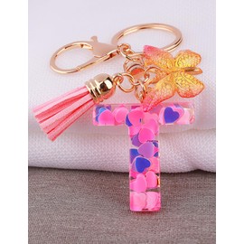 [Looking] Women Keychain Cute Stylish Alphabet Key Ring Pink Initial Letter Reel Strap Tassel Purse Backpack Charm, pink tee