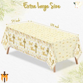 BkeeCten 3 Packs Gold Baby Baptism Party Tablecloths Decorations Flower Theme Displsable Plastic Waterproof Rectangle God Bless My First Redeo Table Cover for Baby First Communion Party Favor Supplies