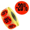 1,000 promotional labels/discount labels with print -20%, bright red, removable,