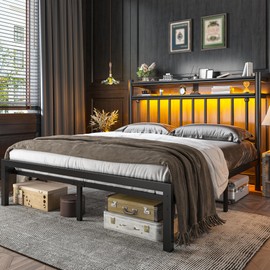 Homkdom Metal Queen Bed Frame with 2-Tier Storage Headboard, Bed Frame Queen Size with LED Light, Victorian Mattress Foundation Under Bed Storage/No Box Spring Needed/Noise-Free/Easy Assembly, Black