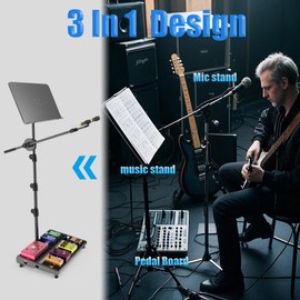 Guitar Pedal Board 16” X 12.4” with Carrying bag, Guitar Effects Pedalboard with Sheet Music Stand adjustable 23” to 70” and microphone boom arm stand 3 in 1 for Guitar player,bands,Music Room,Studio