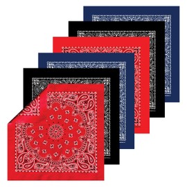 B53 100% Cotton Bandanas Made in the USA - Stylish Headband, Handkerchief, Scarf - 21 inch x 21 inch (Red, Navy, Black (6-pack))