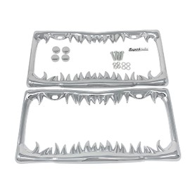 Shark Tooth License Plate Frame with Screws Caps, Set of 2 (Silver)