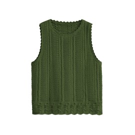 KIRUNDO Beach Cover Ups for Women 2025 Summer Crochet Knit Sweater Vest Mesh Hollow Out Crop Sleeveless Shirts Swimsuit(Army Green, Large)