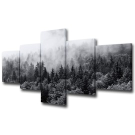 5 Piece Canvas Wall Art for Living Room- Misty Forests of Evergreen Coniferous Trees in an Ethereal Landscape with Low Laying Mist- Modern Home Decor Stretched and Framed Ready to Hang - 50"W x 24"H