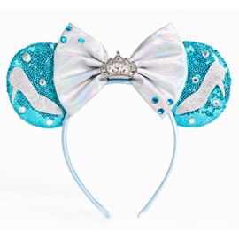 WW-WONDERFULWORLD Shiny Mouse Ears Headbands With Grey Bows & Crown & Sequin, for Mermaid Cinderella Costume Cosplay Glitter Party, for Kids & Adult, Blue; 2GGX