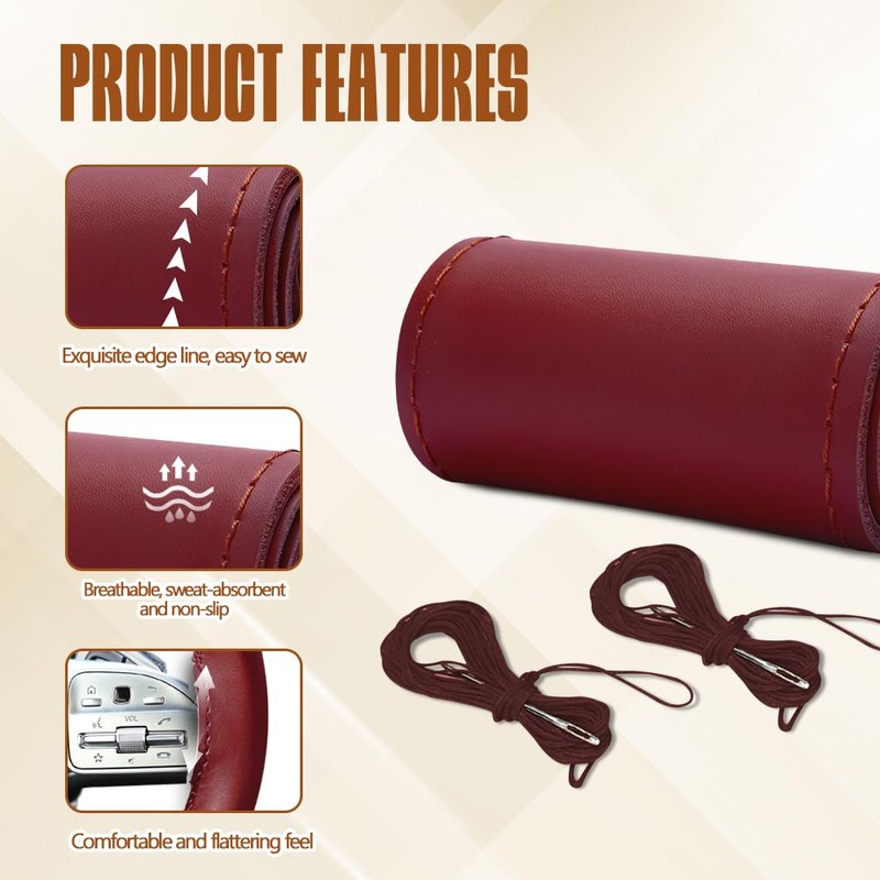 HEVLE Leather Steering Wheel Cover Lace Up, Stitch On Wrap,