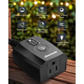 DEWENWILS Dusk to Dawn Dimmer, Wireless Remote Control, Waterproof Dimmable Plug with Timer, 100 FT Range, Outdoor Dimmer for String Light, Patio Lights, FCC Certified
