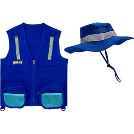 Eagle Eye Explorer S/M Combination Set Safe for Boys and Girls: 1 Blue Cargo Vest for Kids with Reflective Safety Straps & 1 Floppy Bucket Sun Hat with Chin Strap. Color: Navy Blue
