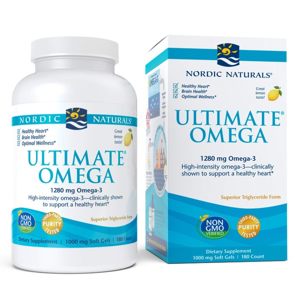 Nordic Naturals Ultimate Omega, sabor a limón - 1280 mg Omega-3-120 geles blandos - Suplemento de aceite de pescado Omega-3 de alta potencia con EPA y DHA - Promueve la salud cerebral y cardíaca - Sin OMG - 60 porciones