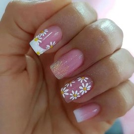 Pink Ombre Press on Nails Short Square ZWENJIE Fake Nails Gold Glitter False Nails with Flower Design Acrylic Nails Full Cover Glossy Glue on Nails Artificial Nails for Women 24Pcs