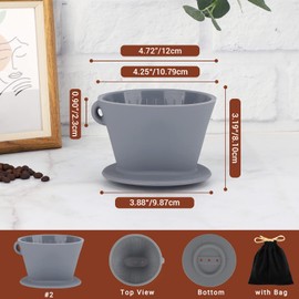 Segarty Silicone Coffee Dripper, 1 Set Gray Pour Over Coffee Maker with Storage Pouch, Size NO.2 Reusable Coffee Filter Cone Drip Holder Slow Brewer with 3 Holes for Travel, Camping, Backpacking