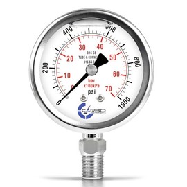 CARBO Instruments 2 1-2" Pressure Gauge, All Stainless Steel Wetted Parts, Case, Connection, Liquid Filled, 0-1000 psi/kPa, Lower Mount 1/4" NPT