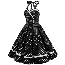 Women Halter Neck 50s Vintage Cocktail Party Swing Dress Retro Polka Dots Pin Up 1950s Audrey Hepburn Rockabilly Prom Dress Sleeveless Short A-Line Wedding Guest Formal Tea Dress Black-Polka Dots L