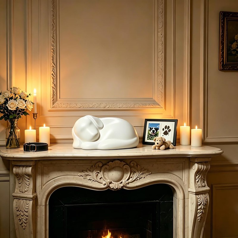 White Sleeping Dog Cremation Urn for Dog Ashes, Resin Pet