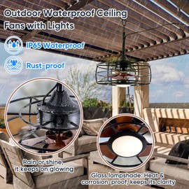 HUMHOLD 20" Outdoor Ceiling Fan with Lights, Gazebo Lights Waterproof with 3 Color LED Light, Plug in Ceiling Fan Hanging Fan with Hook for or Patios, Pergola (5.57ft)