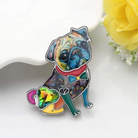 NEWEI Enamel Alloy Rhinestone Floral Pug Dog Brooches Pin for Women Girl Collar Scarf Fashion Pet Jewlery Gift