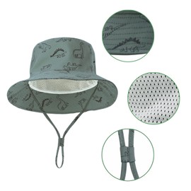 LO SHOKIM Dinosaur Baby Sun Hat Toddler UPF 50+ Summer Sun Protection Beach Hat Baby Boy Wide Brim Bucket Hat Infant Adjustable Cap (Green, 44-46cm)
