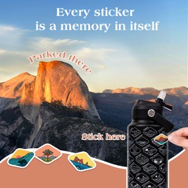 PJR Jsongos National Parks Water Bottle with 63 Waterproof Stickers – 32 oz Insulated Stainless Steel Bottle, 2-IN-1（Straw Spout）& Dustproof Lids, BPA-Free, Camping Hiking Travel Gifts (Black)