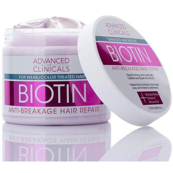 Advanced Clinicals Biotin Anti-Breakage Hair Repair Mask. Strengthen Broken, Color-Treated Hair with Repairing Deep Conditioner Manuka Honey & Caffeine. Hydrating Mask Restores Weak Hair (12 Oz)