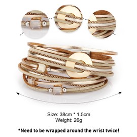 Fesciory Leather Wrap Bracelets for Women, Boho Leopard Multi-Layer Crystal Beads Cuff Bracelet Jewelry (Metal Disc(Gold))