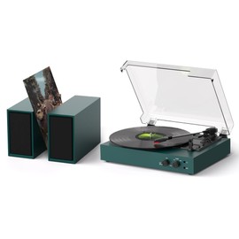 Retro Bluetooth Record Player with External Speakers, 3-Speed Belt-Drive Turntable, USB to PC Recording, AUX & RCA Output, Auto Stop, Vintage Vinyl Player with Modern Design, Green