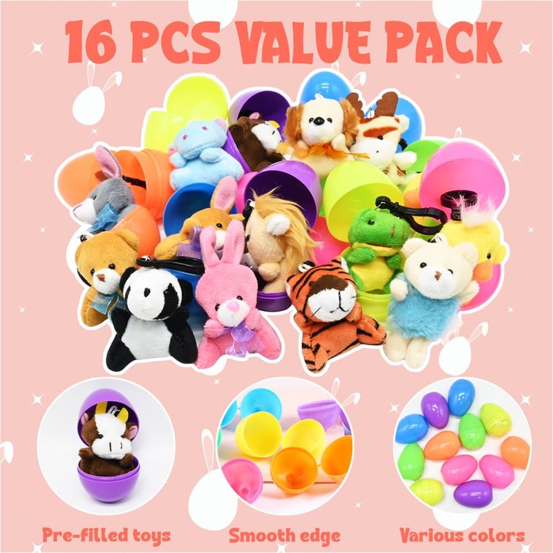 CAMIRUS 16Pcs Filled Easter Eggs with Mini Plush Animals Toys,