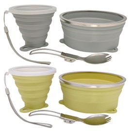 Cagelya Mess Kit for Camping Silicone Collapsible Bowl Collapsible Cup and Stainless Steel Spoon for Backpacking Outdoor Hiking Traveling and Picnic - 2 Pack