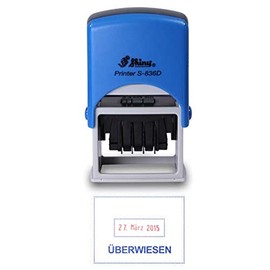Stamp Stock Text "Überweisen" with Date Field up to 2032, Self-Inking Stamp Shiny S-836D with Ink Pad in Blue and Red