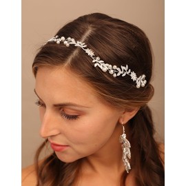 Teyglen Silver Leaf Wedding Hair Vine Bridal Headband with Snowflake Handmade Pearl Crystal Hair Piece Hair Accessories for Women Christmas Party Prom Headpiece (Silver, Free size)