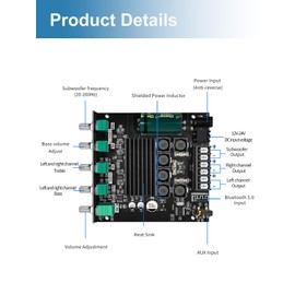 50W+50W+100W Amplifier Board with Treble and Bass Control, Bluetooth 5.0 HiFi 2.1 Channel Subwoofer Stereo Amplifier Board, Dual TPA3116D2 Chip BT and AUX Inputs for DIY Wireless Speakers (ZK-TB21)