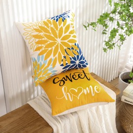 AwzyGous Cushion Cover 45 x 45 cm, Mustard Yellow Blue Dahlia Flowers Cushion Cover Autumn Decorative Cushion Cover Sofa Cushion Decorative Cushion Case for Couch Living Room Bedroom Outdoor