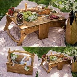 Portable Wooden Picnic Table with Storage Basket - Folding 2-in-1 Outdoor Table and Wine Glass Holder, Ideal for Champagne, Snacks and Beach or Park Dining