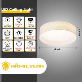 Hamilyeah LED Flush Mount Ceiling Light Fixture Set of 2, Dimmable Ceiling Light Fixture with Fabric Shade 24W 12inch 5CCT, Drum Light Fixture Ceiling Mount for Living Room, Kitchen, Bathroom, Bedroom