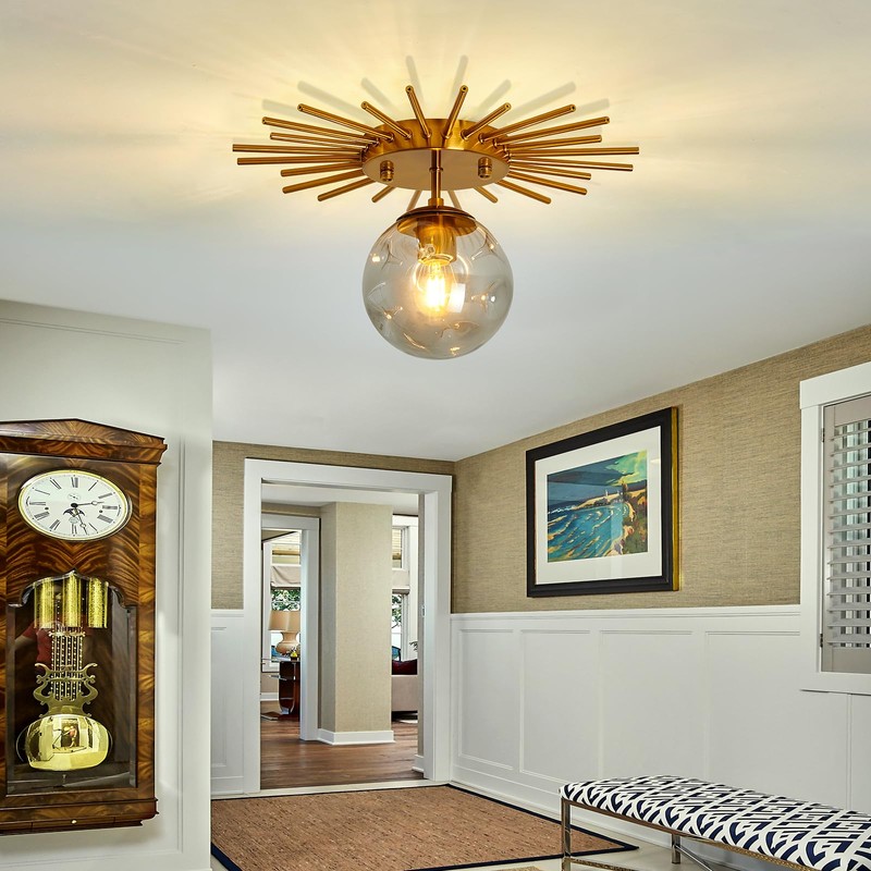 UOFUS Gold Sunburst Semi Flush Mount Ceiling Light Fixture with