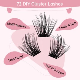Lash Clusters, PRO,72 Pcs Individual Cluster Lashes 3D Effect DIY Lash Extension 8-16mm Eyelash Clusters Volume Wispy Lashes Super Thin Band Reusable Soft & Comfortable(Flirt,C-8-16mix)