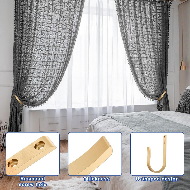 Warm Gold Curtain Drapery Holdbacks,4Pcs Solid Aluminum U Shaped Wall