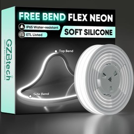 GZBtech 110-120V LED Neon Rope Lights 33FT/10M, 3D Top & Side Free Bend 6000K Cool White Silicone Neon Strip Light, 122+LM/FT Diver-Free IP65 Waterproof Rope Lighting for Indoor Outdoor Decoration
