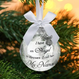 Yueshop Christmas Memorial Baubles Ornaments Feather Ball “I Have an Angel in Heaven” With Small Angel Christmas Bauble Ornament, Mum Dad Hanging Decoration(Nana)