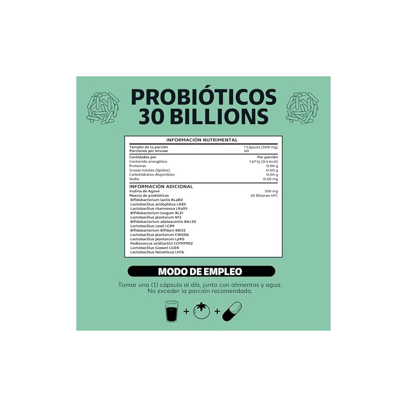 Probioticos 30 Billion UFC + Prebióticos + inulina de agave