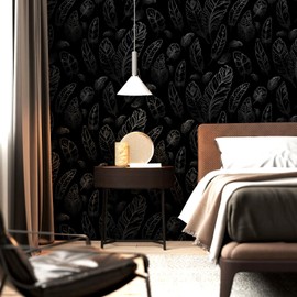 CAX Black Wallpaper Feather Peel and Stick Wallpaper 17.3"×300" Modern Feather Contact Paper Self-Adhesive Wallpapers Waterproof Wall Paper Shelf Drawer Liner Roll for Bedroom Living Room Vinyl