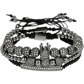 MollyQueen Imperial Crown King 18K Gold CZ Beads Bracelets Luxury Charm Fashion Bangle Royal Stacked Bracelet Set for Men Women With Luxury Box (3PCS L - Black)