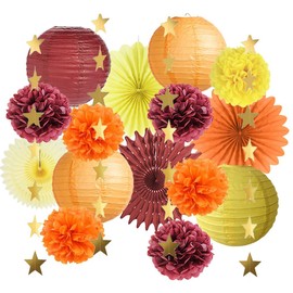 Autumn Party Decoration Red Yellow Orange Pompoms Decoration Red Orange Paper Lanterns Autumn Decoration Yellow Paper Fan with Star Garland for Baby Shower Decoration Autumn Bridal Shower Birthday