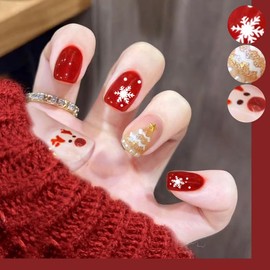 24Pcs Christmas Nails Press on Nails Short Square Fake Nails with Glue Xmas Acrylic Nails Design Winter Holidays False Nails Supply Christmas Tree Snowflakes Elk Stick on Nails for Women and Girls