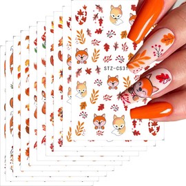 ONPRESS 10Sheet Fall Nail Art Stickers Maple Leaves Nail Decals 3D Self Adhesive Nail Stickers Decals Cute Fox Pumpkin Orange Fruit Gel Nails Stickers Autumn Flowers Nail Supplies for Women DIY Nails