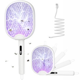 WOCVRYY Electric Fly Swatter Foldable Bug Zapper Racket with 4000V 1800mAh Rechargeable Battery 5-Layer Safety Mesh Dual Modes with Mosquito Light Suitable for Indoor or Outdoor Use (White)