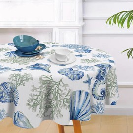 Livcoz Blue Beach Round Tablecloth 70 x 70 Inches, Coastal Sea Conch Coral Seahorse Starfish Decorative Dining Table Cloth, Spring Summer Seasonal Ocean Dinner Table Cover Picnic Party Decoration